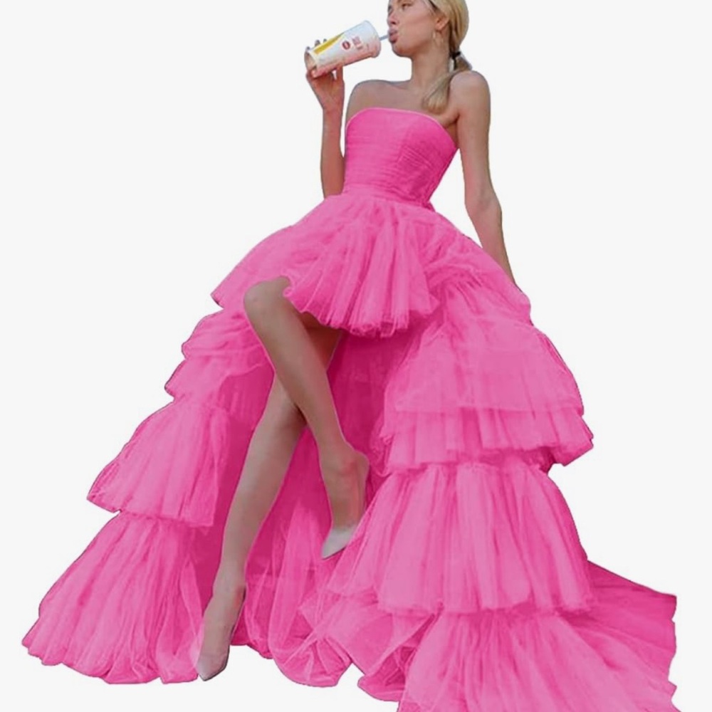🩷 High Low Tulle Prom Dress, Long Strapless Layered Formal Party Dresses